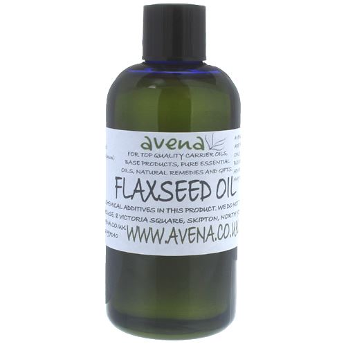 A bottle of cold pressed Flaxseed oil called Linum usitatassimum in Latin.