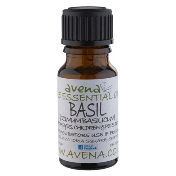A bottle of the essential oil Basil also known by the Latin name Ocimum basilicum