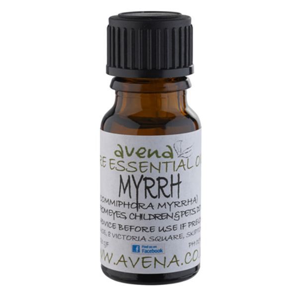 A bottle of Myrrh as an essential oil known in Latin as Commiphora myrrha.