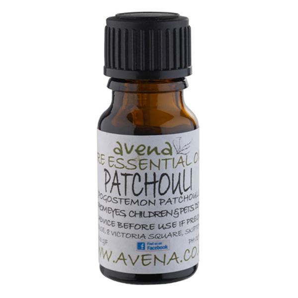 A bottle of Patchouli essential oil, known in Latin as Pogostemon patchouli.