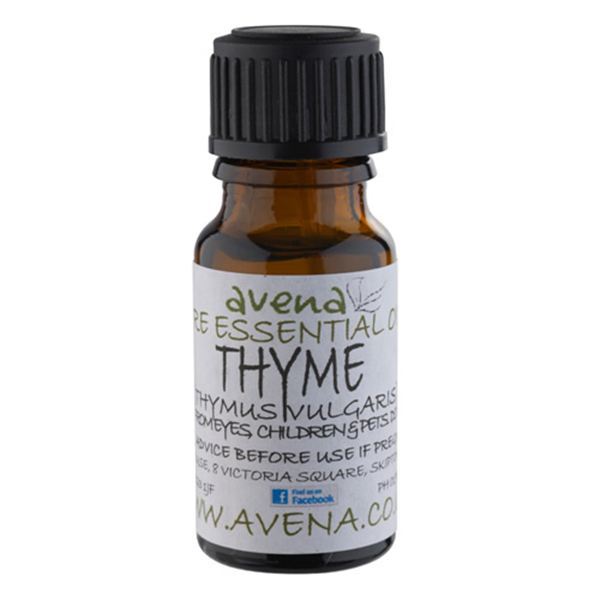 A bottle of Thyme essential oil called Thymus vuilgaris in Latin.