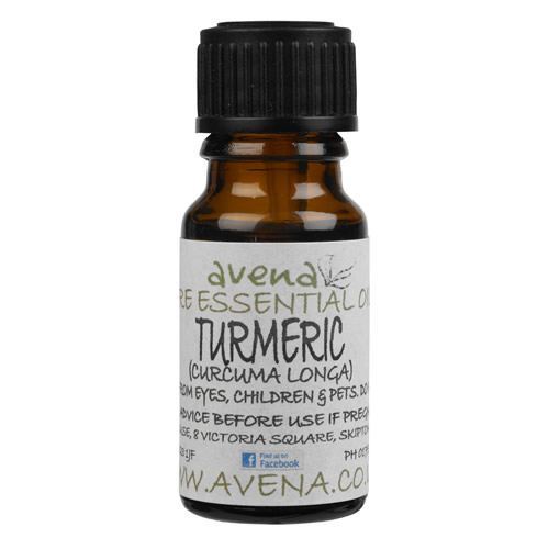 a bottle of Turmeric essential oil called Curcuma longa in Latin.