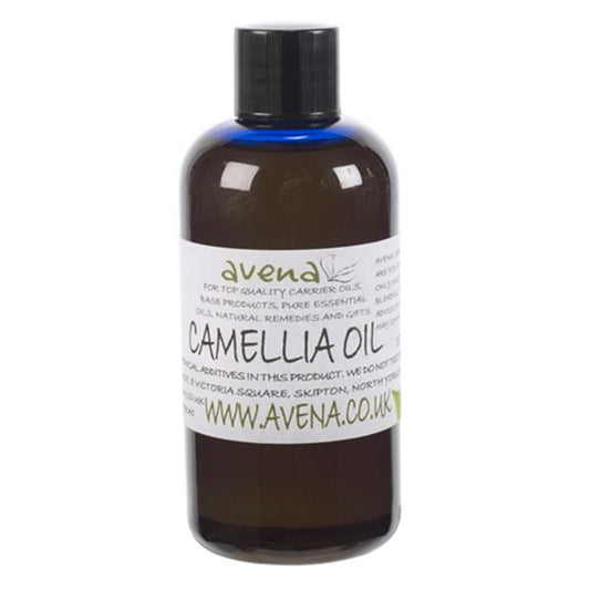 A bottle of Camellia oil also known as Camellia oleifera in Latin.