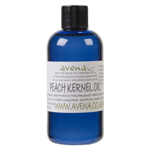 A bottle of Peach Kernel oil called Prunus persica in Latin.