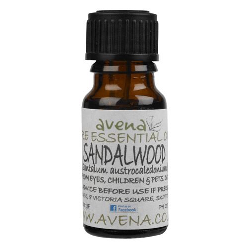 A bottle of Sandalwood Essential oil called Santalum austrocaledonium in Latin.